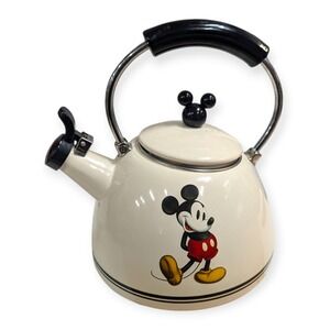 Disney Mickey Mouse Whistling Tea Kettle Cream Enamel Vintage Style Kitchenware